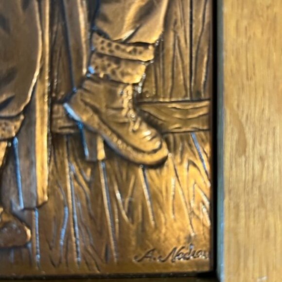 Vintage 1976 A Nadeau Quebec Canadian artist Copper embossed on wood fiddler - Picture 3 of 5